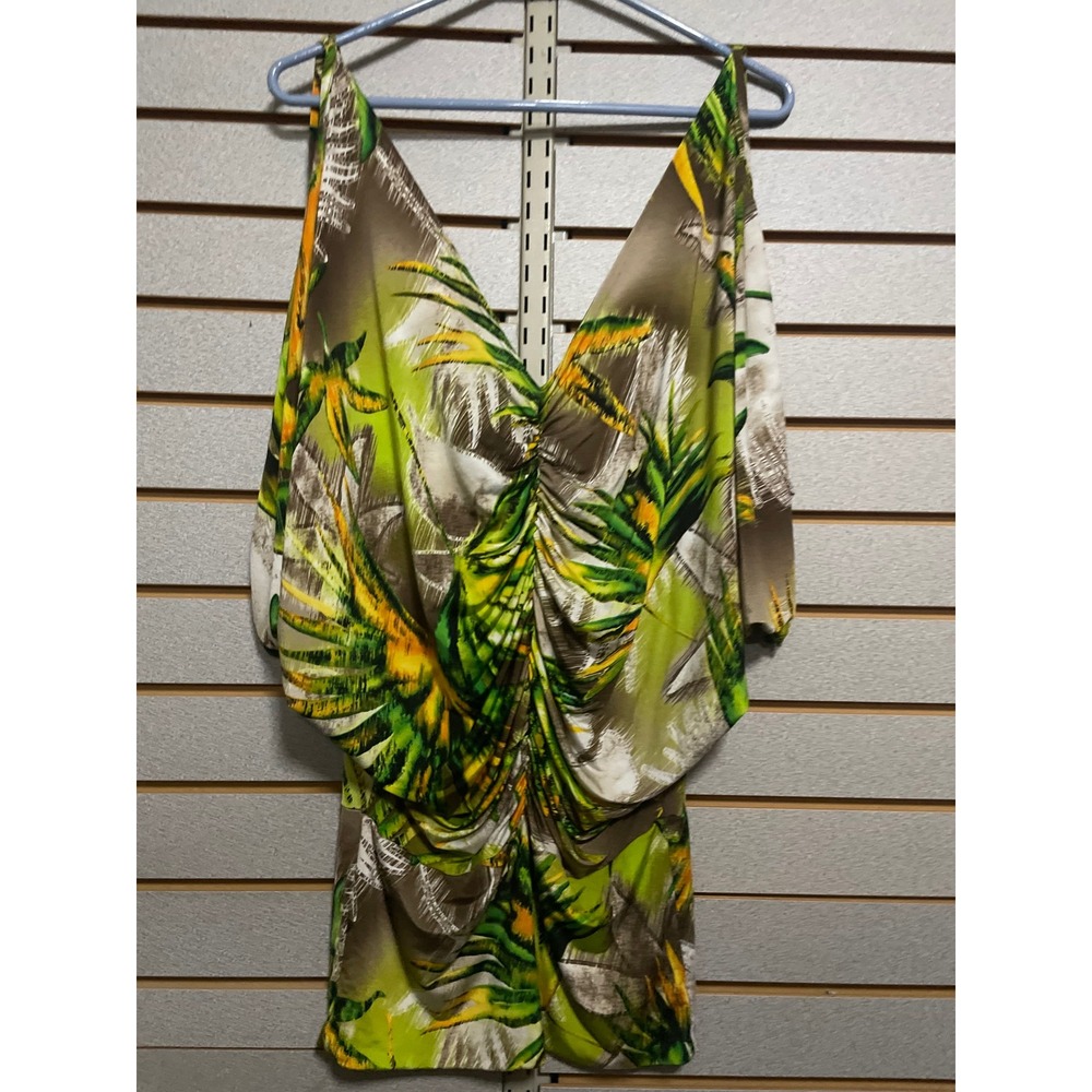Tropical Leaf Print Ruched V Neck Mini Dress Women's Size small Shirt top blouse